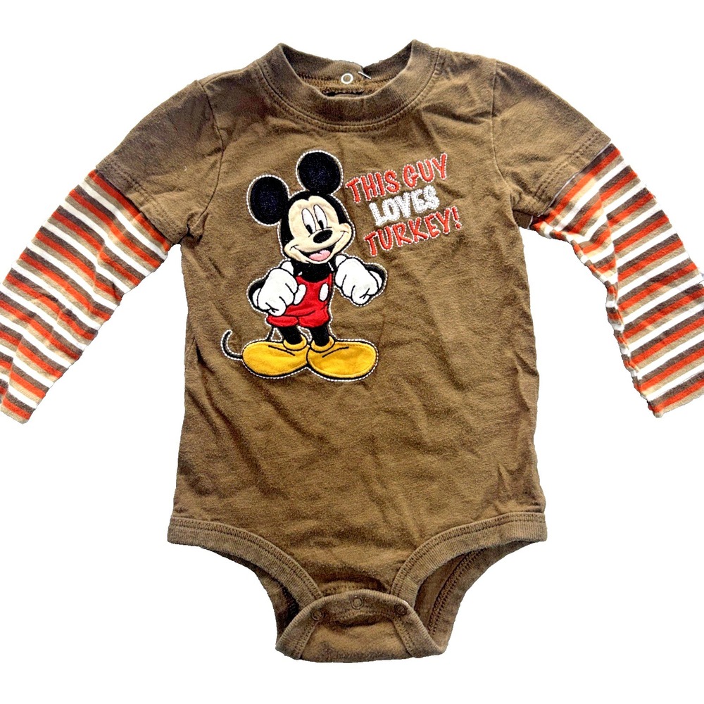 Disney Baby Mickey Mouse Turkey Thanksgiving Snap Tee 9M Long Sleeve